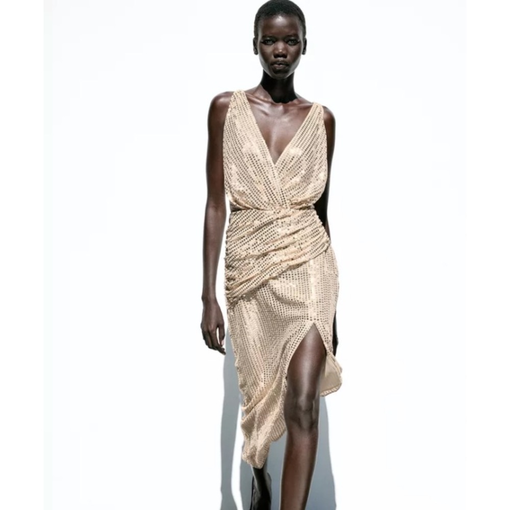 BNWT Zara gold sequin midi dress medium